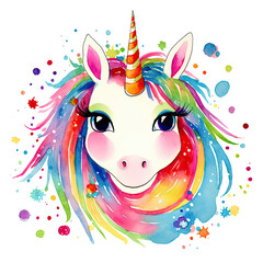 Enchanting Unicorn with Rainbow , Colorful Watercolor PNG