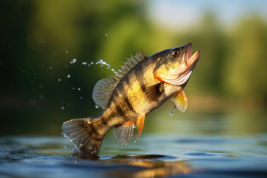 American perch jumping out of the water