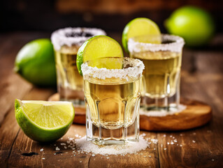 A close-up photo of Mexican tequila shots with lime and salt on the rim.