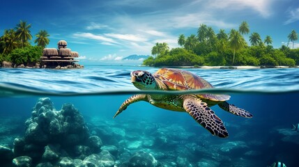 Sea wave on tropical islands, underwater world, turtle. Generation AI