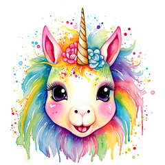 Enchanting Unicorn with Rainbow , Colorful Watercolor PNG
