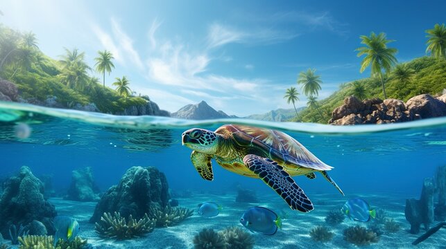 Sea wave on tropical islands, underwater world, turtle. Generation AI