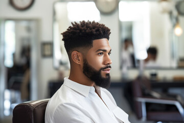 Handsome black man sitting in a chair in front of a mirror at the hairdresser salon