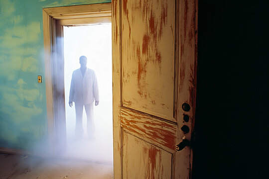 Spooky silhouette of an unrecognizable male ghost standing eerily in a haunted house doorway, exuding mystery and danger.