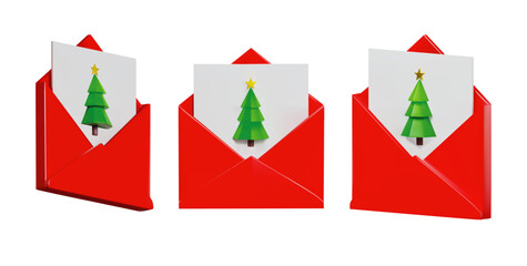 Render of a Christmas letter or letter to Santa. A red envelope with paper and a Christmas tree with a star from different angles, sideways and straight. Vector 3D illustration on isolated background