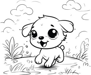 Cute puppy sitting in the grass. Vector illustration for coloring book.