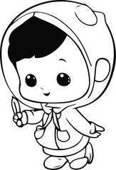 Cute little boy in astronaut costume. Vector illustration for coloring book