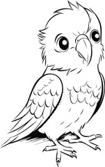 Black and white vector illustration of a parrot on a white background