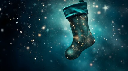 Isolated dark green Christmas Stocking in front of a festive Background. Cheerful Template with...