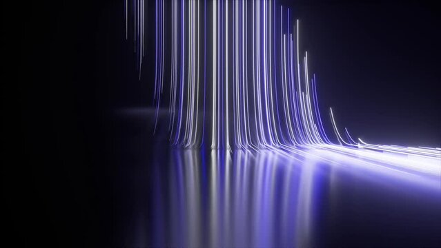 Abstract black background with blue white neon lines go up and disappear. 3D animation