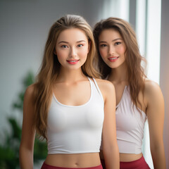 Stunning and beautiful young ladies wearing top tanks posing in front of camera. Modeling concept