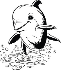 Dolphin jumping out of the water. black and white vector illustration