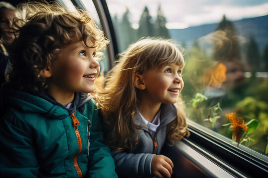 Children Looking Out Of Train Windows In Awe 