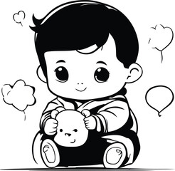 Cute little boy playing with teddy bear. Vector illustration.