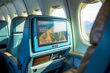 Fototapeta na wymiar In-flight entertainment screen on a plane 