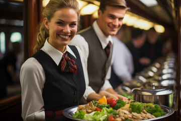 Passengers enjoying gourmet train cuisine 