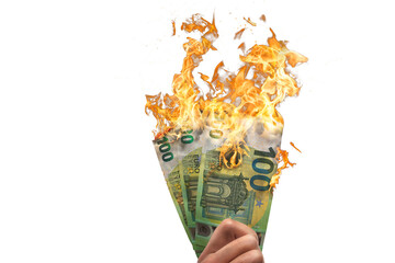 100 Euro bills on fire held by a hand
