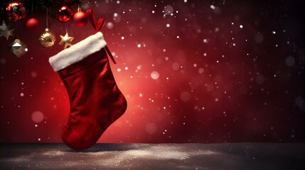 Isolated dark red Christmas Stocking in front of a festive Background. Cheerful Template with Copy...