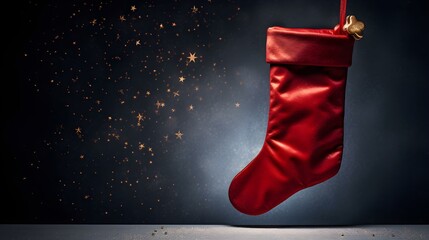 Isolated dark red Christmas Stocking in front of a festive Background. Cheerful Template with Copy...