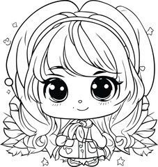 Cute little girl with autumn leaves. Coloring book for children.