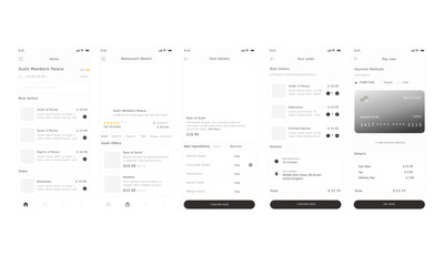  Sushi Restaurant, Chinese Food Take Away and Asian Cuisine Delivery Black App Ui Kit template