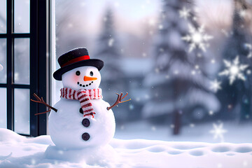 A cheerful snowman in a hat and scarf stands in the snow near the window against the backdrop of the forest.