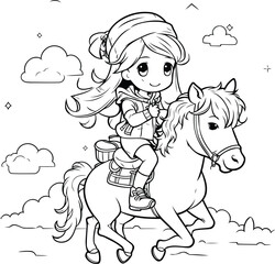 Coloring Page Outline Of a Cute Little Girl Riding a Horse