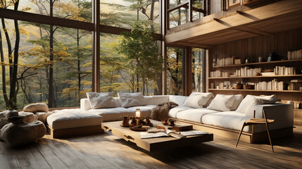 Obraz na płótnie Canvas Interior Design, Minimalistic Living room with serene nature view, Beautiful villa design in the forest
