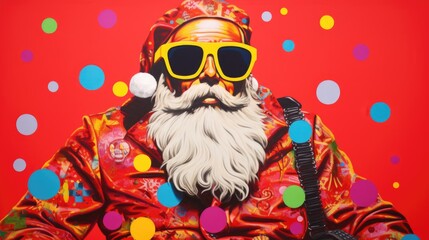 Fototapeta premium Happy new year, merry christmas and santa claus with a mask and sunglasses on the background of the wall of an empty banner.