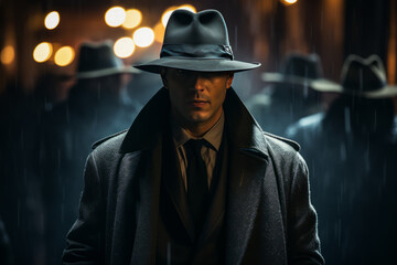 Tension-filled man in trench coat and fedora hidden in dimly lit alleyway. - obrazy, fototapety, plakaty