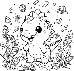 Coloring page for children. Cute dinosaur in the jungle.