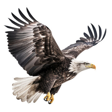 An American eagle flies gracefully on a transparent background.