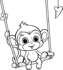 Cute monkey on a swing. Coloring book for children.