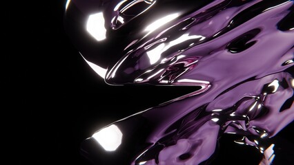 Abstract metallic chrome liquid splashes, illuminated purple fluid, 3D 4K computer graphics render illustration wallpaper