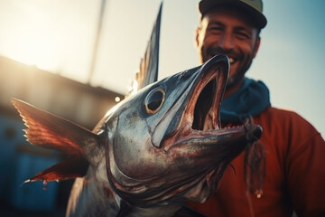 Satisfied fisherman holding tuna fish - obrazy, fototapety, plakaty