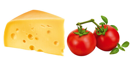 composição com pedaço de queijo suíço e tomates vermelhos maduros isolado em fundo transparente