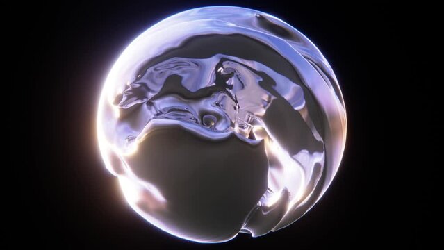 Abstract 3D chrome fluid ball morphing, splashes of liquid oil. 4K 30 fps industrial concept seamless loop animation