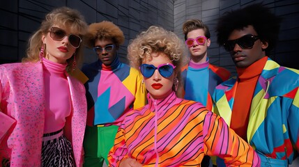 A group of individuals confidently showcasing the iconic new wave style from the 80s, complete with vibrant fashion and distinctive hairstyles. Generative AI.