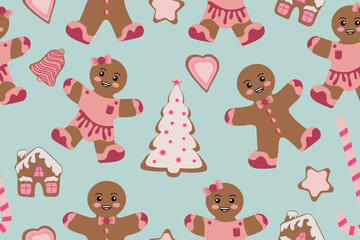 Seamless Christmas pattern with gingerbread and candy canes. Festive background. Vector illustration. Vector illustration