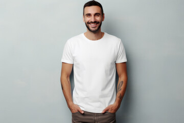 Fototapeta premium Your Brand, Your Way: Happy Man in White T-Shirt Mock-up