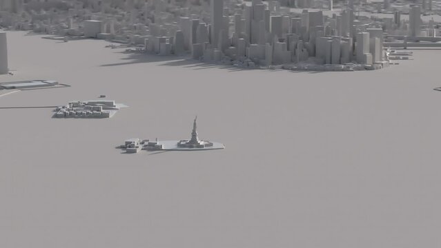 White 3D model of New York with the Statue of Liberty in the middle and manhattan in the background. Rotating camera with depth of field.