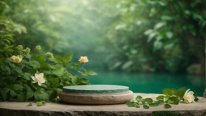 Natural stone podium in natural background with green leaves in the green jungle. Empty showcase for packaging product presentation. Background for cosmetic products. Mock up pedestal. - obrazy, fototapety, plakaty