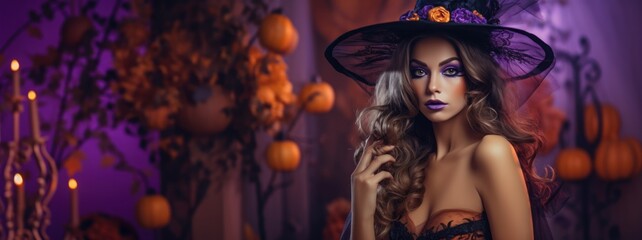Obraz na płótnie Canvas Beautiful Woman in the Violet and Orange Halloween Style - Halloween Backdrop with Empty Copy Space for Text and Ads - Halloween Girl Violet and Orange Background created with Generative AI Technology