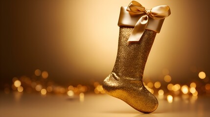 Isolated gold Christmas Stocking in front of a festive Background. Cheerful Template with Copy Space