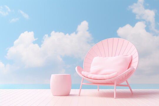 Minimalist 3D render of pastel pink shape with beach chair and inflatable on pink interior background and sky. Generative AI