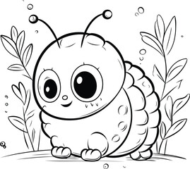 Cute cartoon caterpillar. Black and white vector illustration for coloring book.