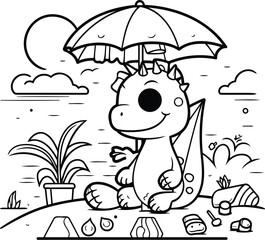 Dinosaur with umbrella. Outline vector illustration. Coloring book for kids