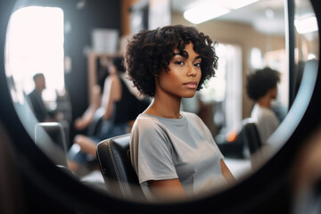 Portrait of a young black woman looking at her new haircut in mirror in the hair salon - obrazy, fototapety, plakaty