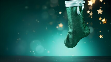 Isolated green Christmas Stocking in front of a festive Background. Cheerful Template with Copy...