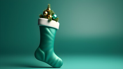 Isolated green Christmas Stocking in front of a festive Background. Cheerful Template with Copy...